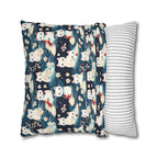 Square Pillowcase - A lovely, playful, Japanese-inspired illustration of sweet white cats sitting on rolling blue waves with red and white flowers and gentle clouds.