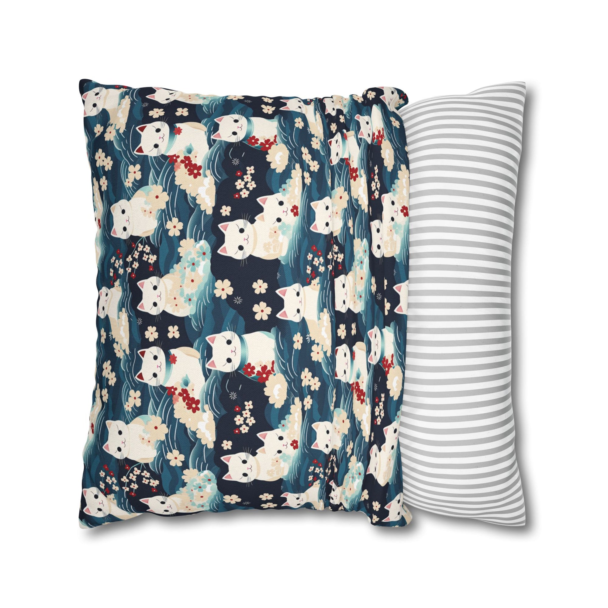 Square Pillowcase - A lovely, playful, Japanese-inspired illustration of sweet white cats sitting on rolling blue waves with red and white flowers and gentle clouds.