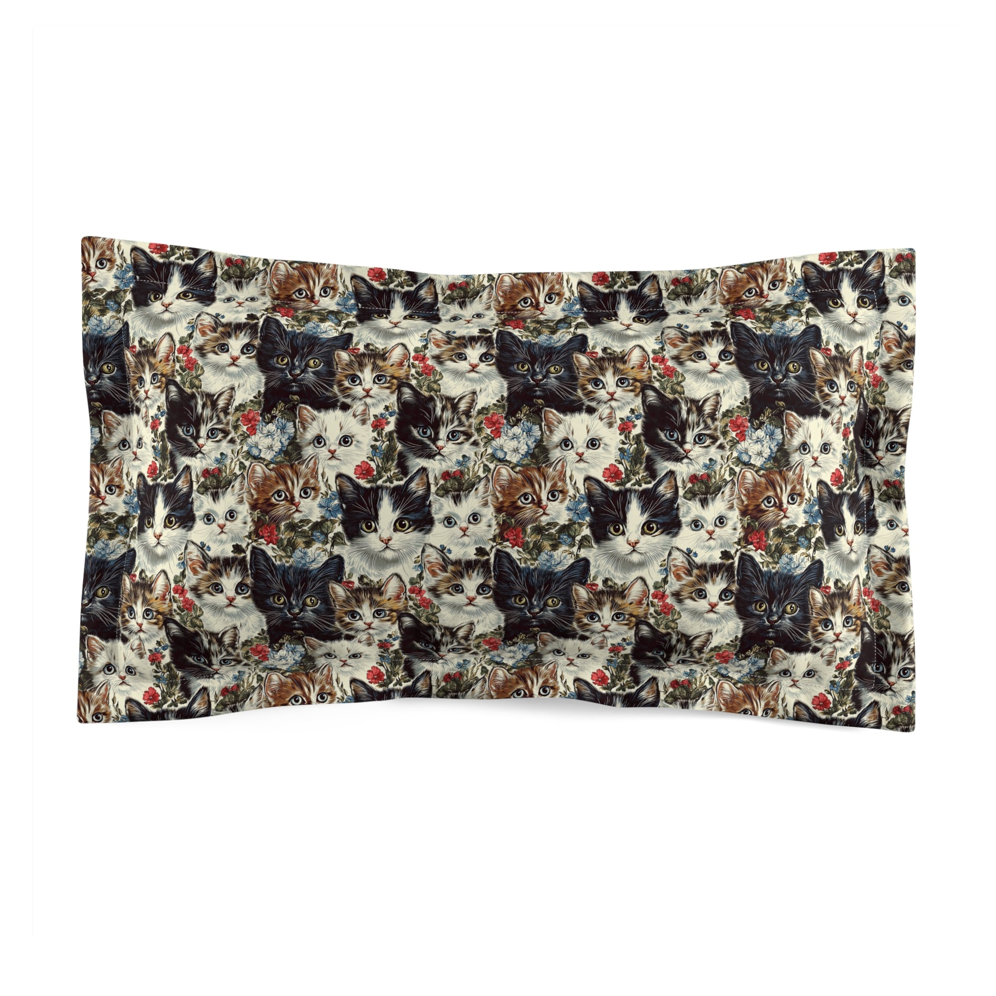 Pillow Sham - Colorful Kitten Faces with Red and Blue Flowers, Whimsical and Bright, Pattern Design