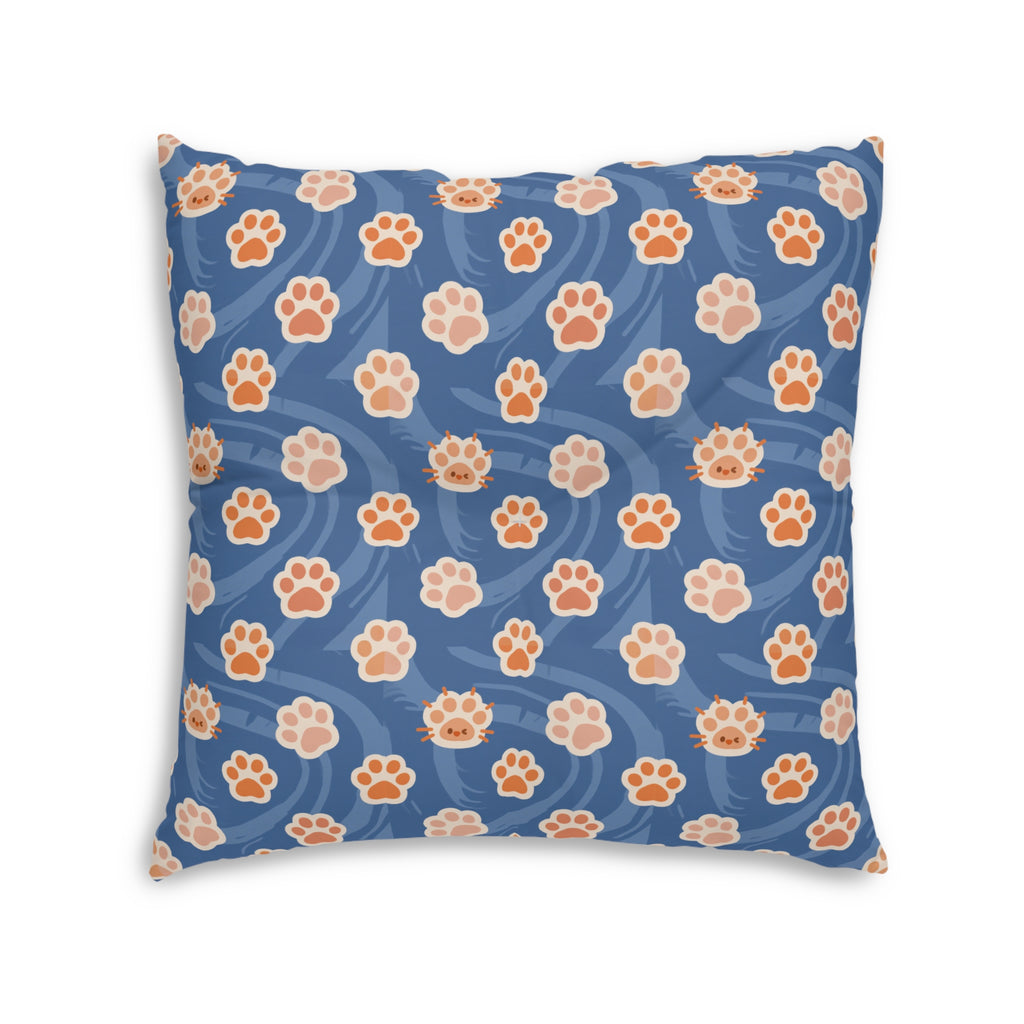 Indoor Square Floor Pillow - A bold and graphic pop art style illustration featuring a tight-knit cluster of various fluffy felines in black, white, red, and blue.