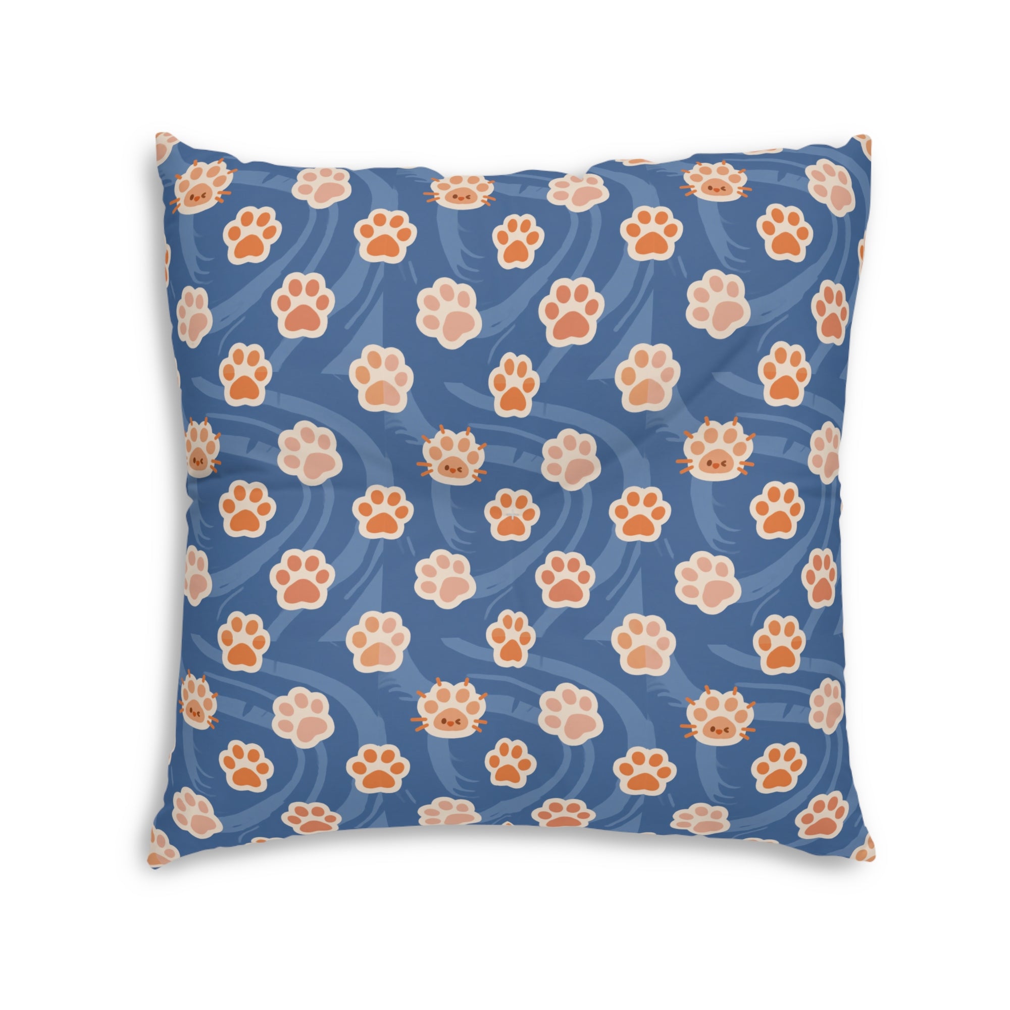 Indoor Square Floor Pillow - A bold and graphic pop art style illustration featuring a tight-knit cluster of various fluffy felines in black, white, red, and blue.