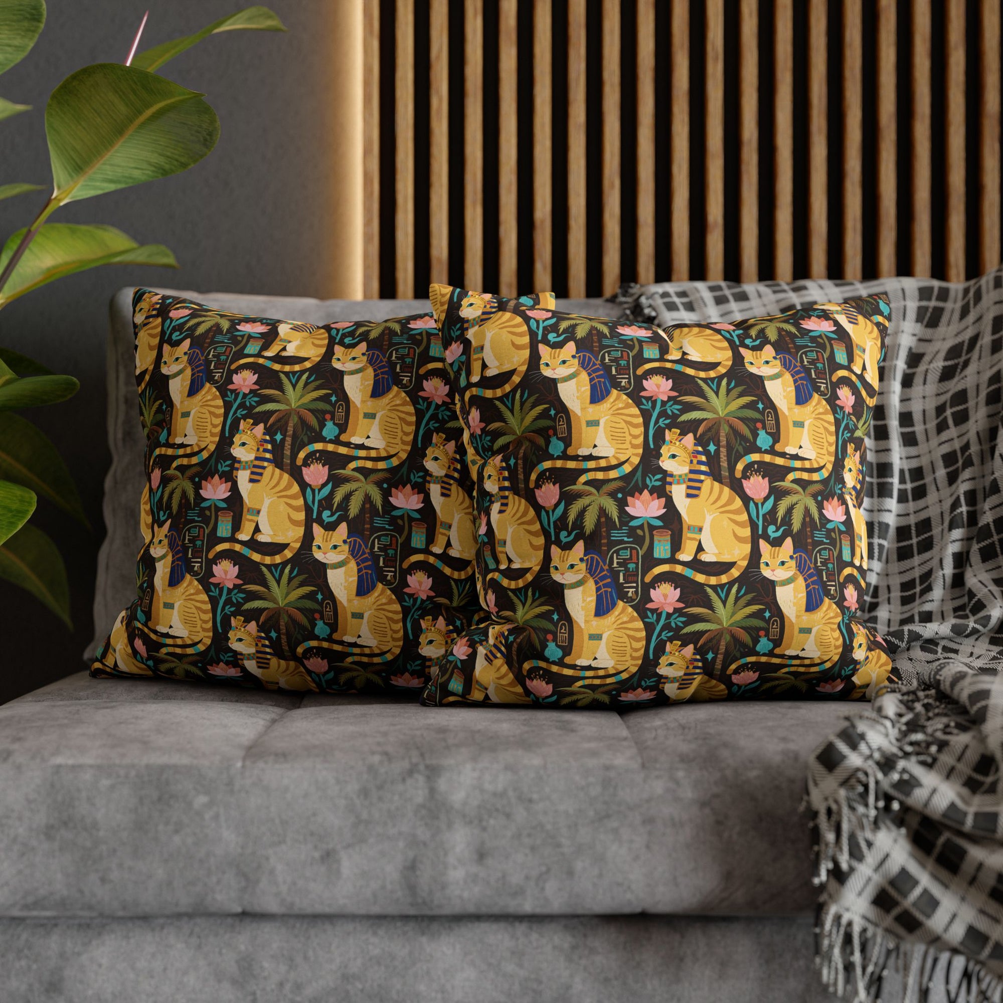 Square Pillowcase - Golden Egyptian Cats with Pharaonic Headpieces Amidst Lush Palms and Lotus Flowers in an Exotic and Vibrant Scene