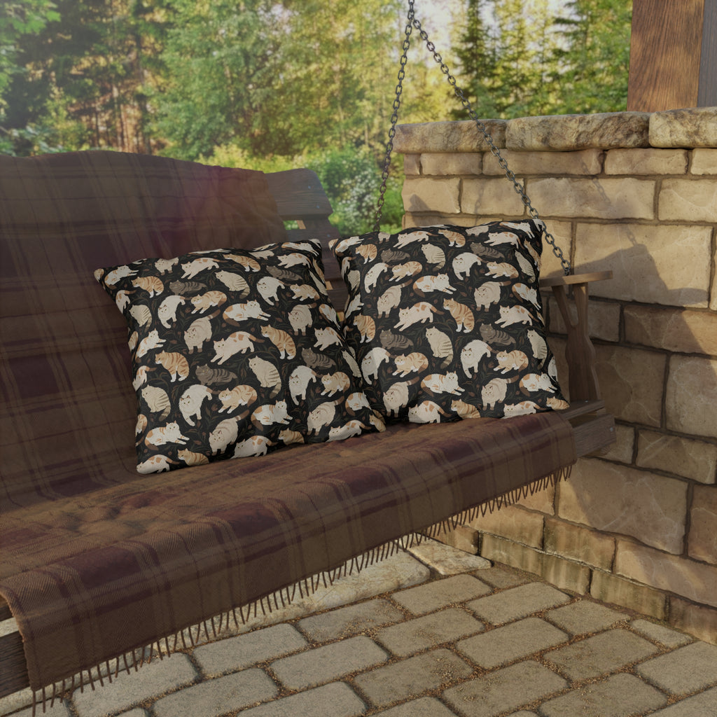 Outdoor Pillow - Earthy Toned Cats Lounge and Play Amidst Dark Foliage in a Serene and Naturally Inspired Seamless Pattern Design