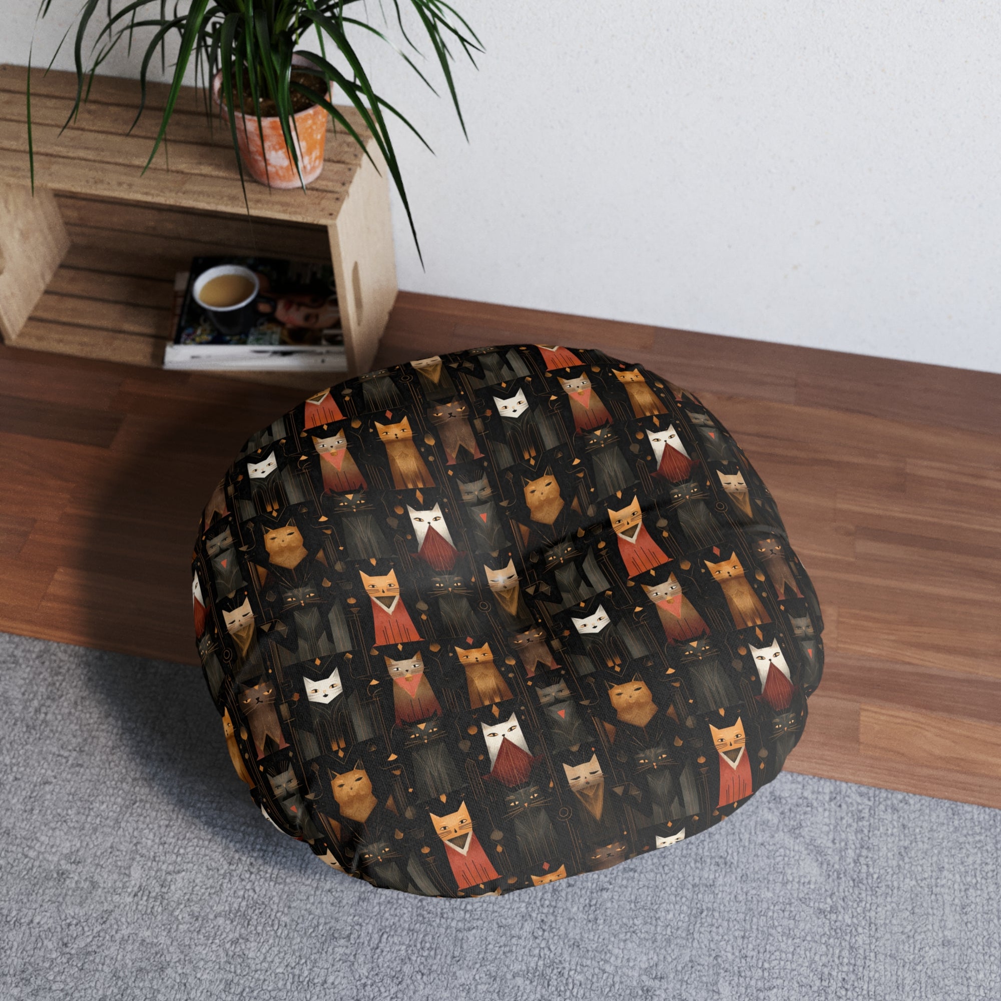Indoor Round Floor Pillow - A striking and sophisticated Art Deco-style pattern of felines with bold, intricate lines and dramatic geometric shapes, all rendered in a unique gold and gray color palette.