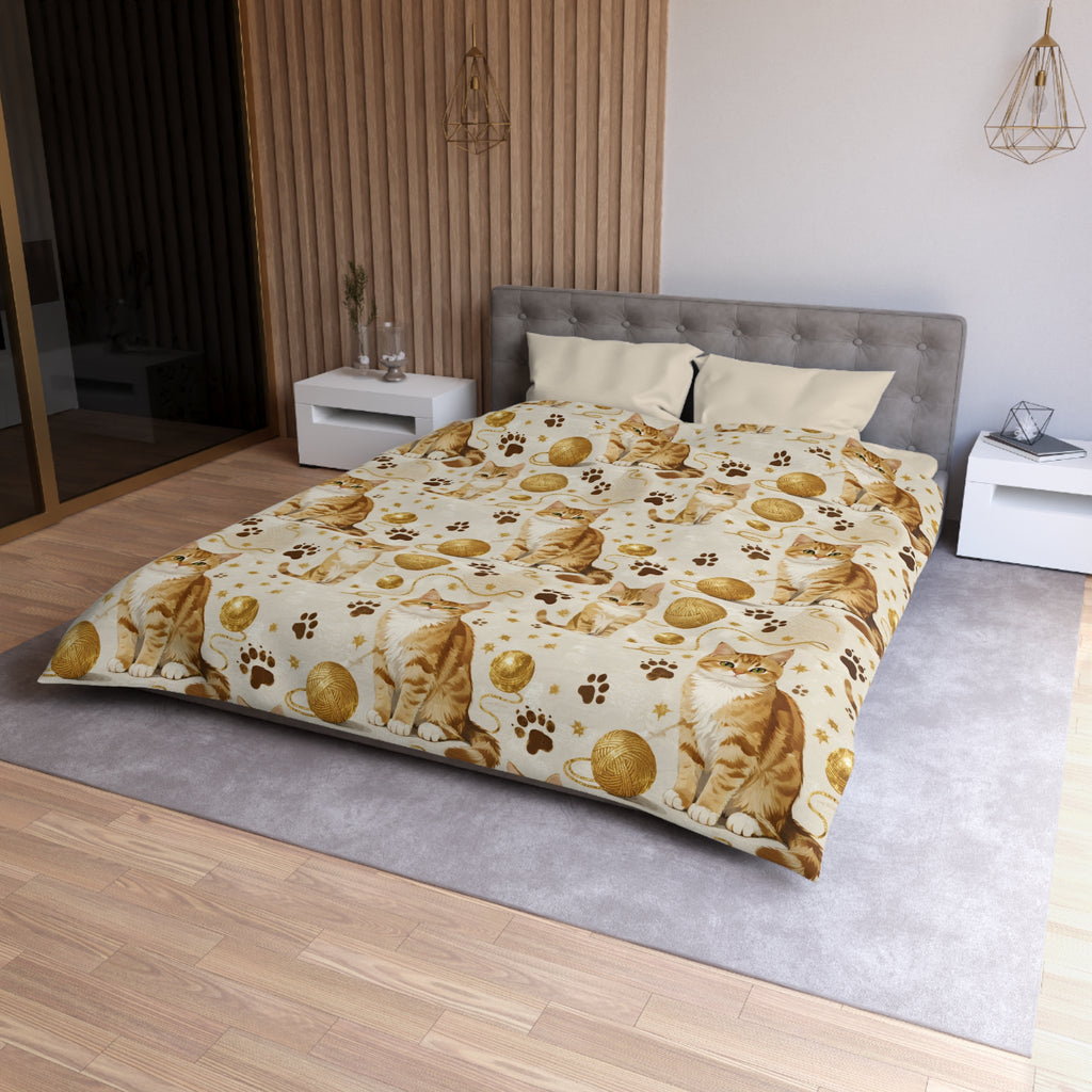 Duvet Cover - Adorable ginger cat with bright green eyes, sparkling gold yarn and paw prints, classic tabby cat illustration, cream background, cute and charming pet themed art