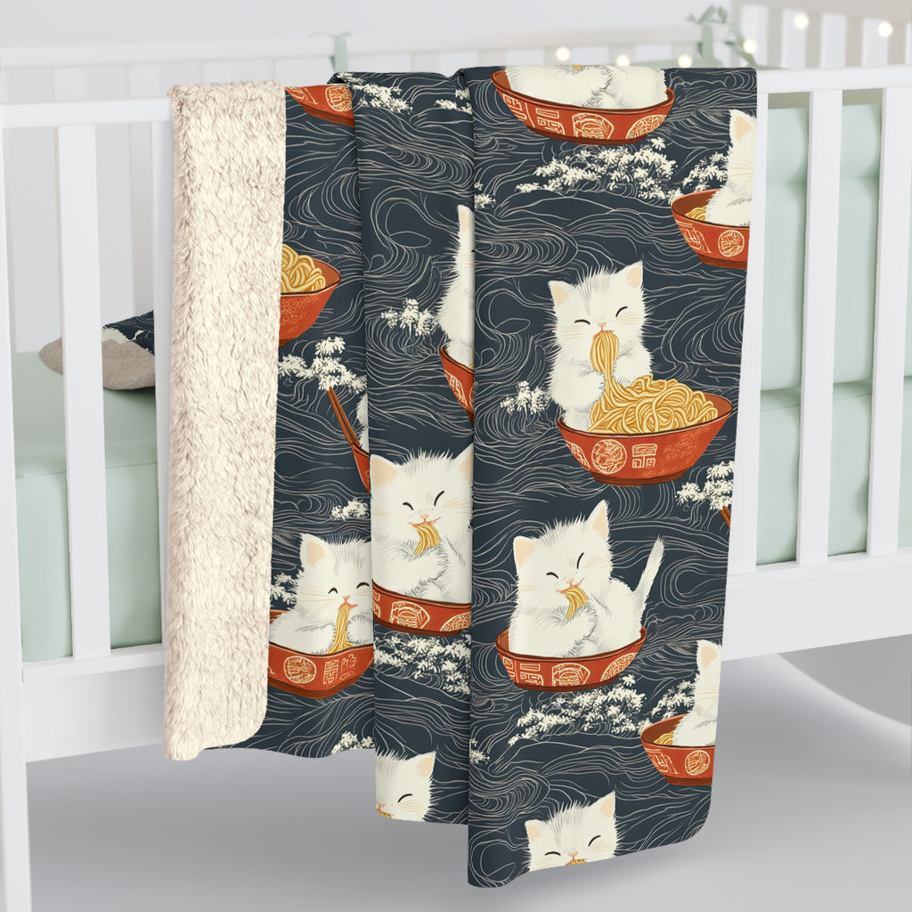 Sherpa Blanket - An adorable and cute pattern of baby cats happily eating steaming ramen noodles from traditional red and white bowls with beautiful white floral elements surrounding them.