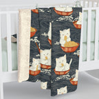 Sherpa Blanket - An adorable and cute pattern of baby cats happily eating steaming ramen noodles from traditional red and white bowls with beautiful white floral elements surrounding them.