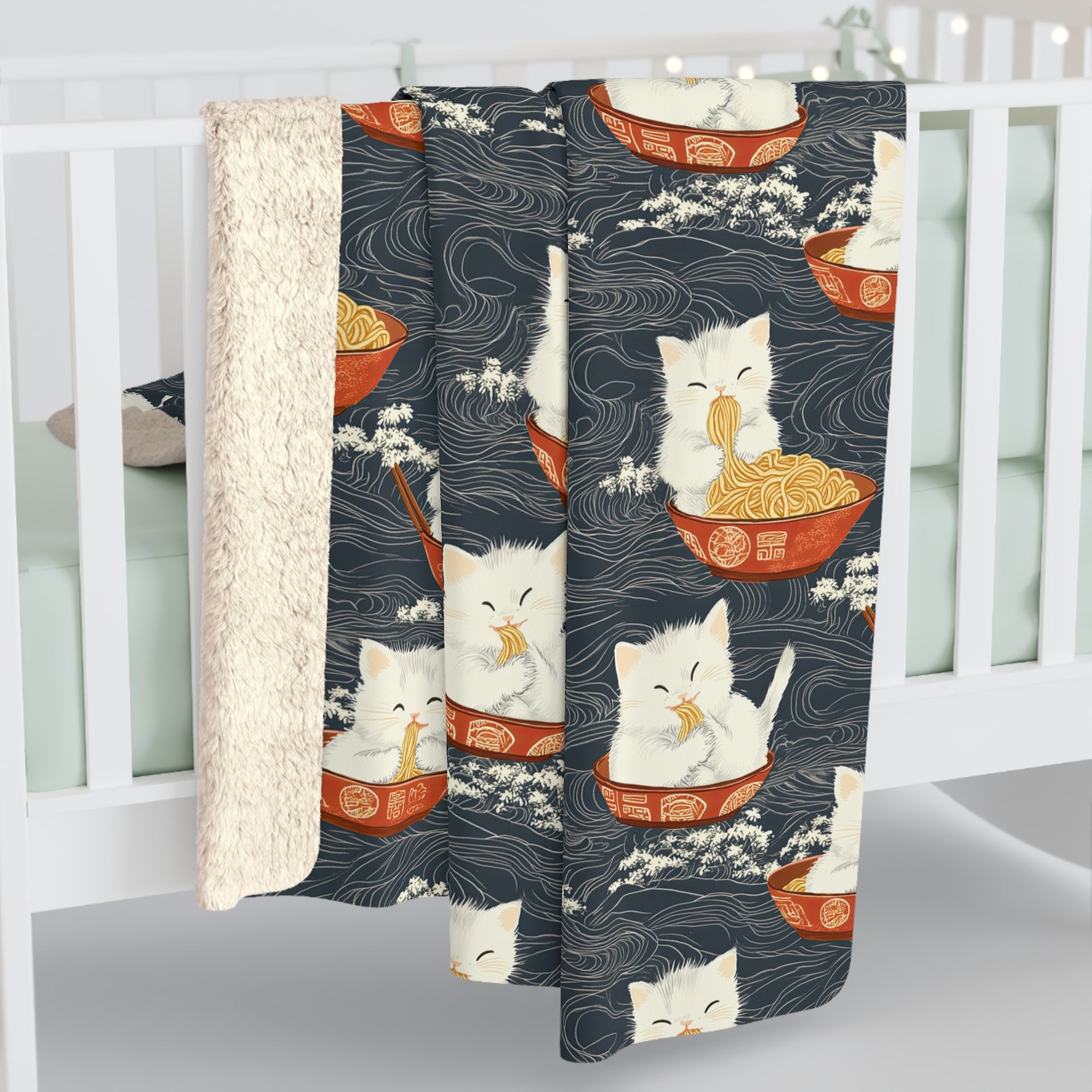 Sherpa Blanket - An adorable and cute pattern of baby cats happily eating steaming ramen noodles from traditional red and white bowls with beautiful white floral elements surrounding them.