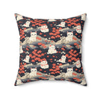 Indoor Square Pillow - A charming, minimalist, Japanese-style illustration of cute white cats sitting amongst vibrant red and white flowers on a dark background.