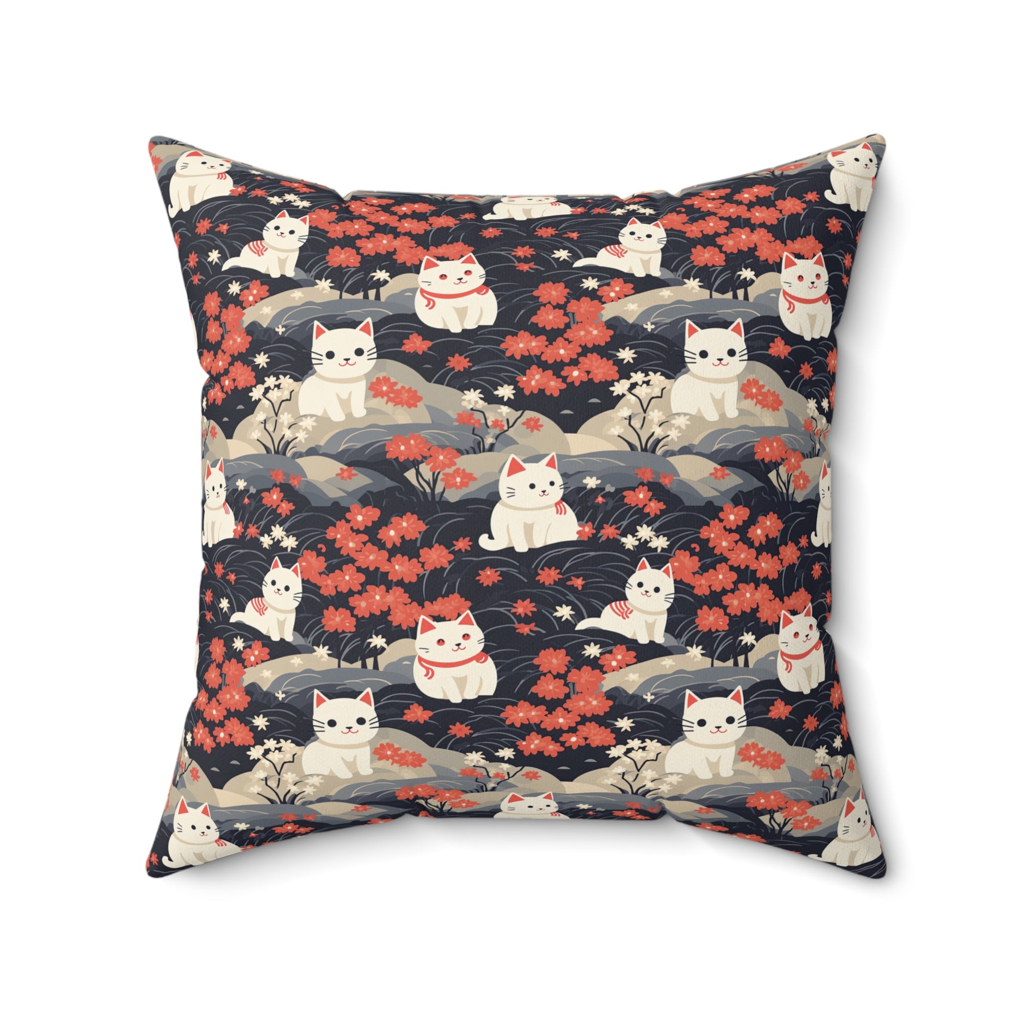 Indoor Square Pillow - A charming, minimalist, Japanese-style illustration of cute white cats sitting amongst vibrant red and white flowers on a dark background.