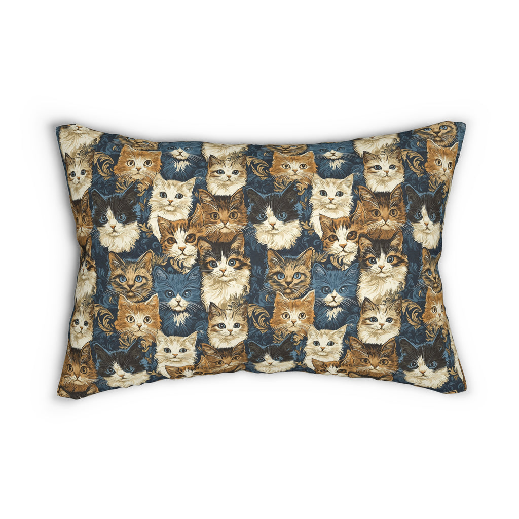 Indoor Lumbar Pillow - Blue Eyed Cats with Brown and White Fur on a Deep Blue Damask Background