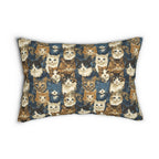 Indoor Lumbar Pillow - Blue Eyed Cats with Brown and White Fur on a Deep Blue Damask Background