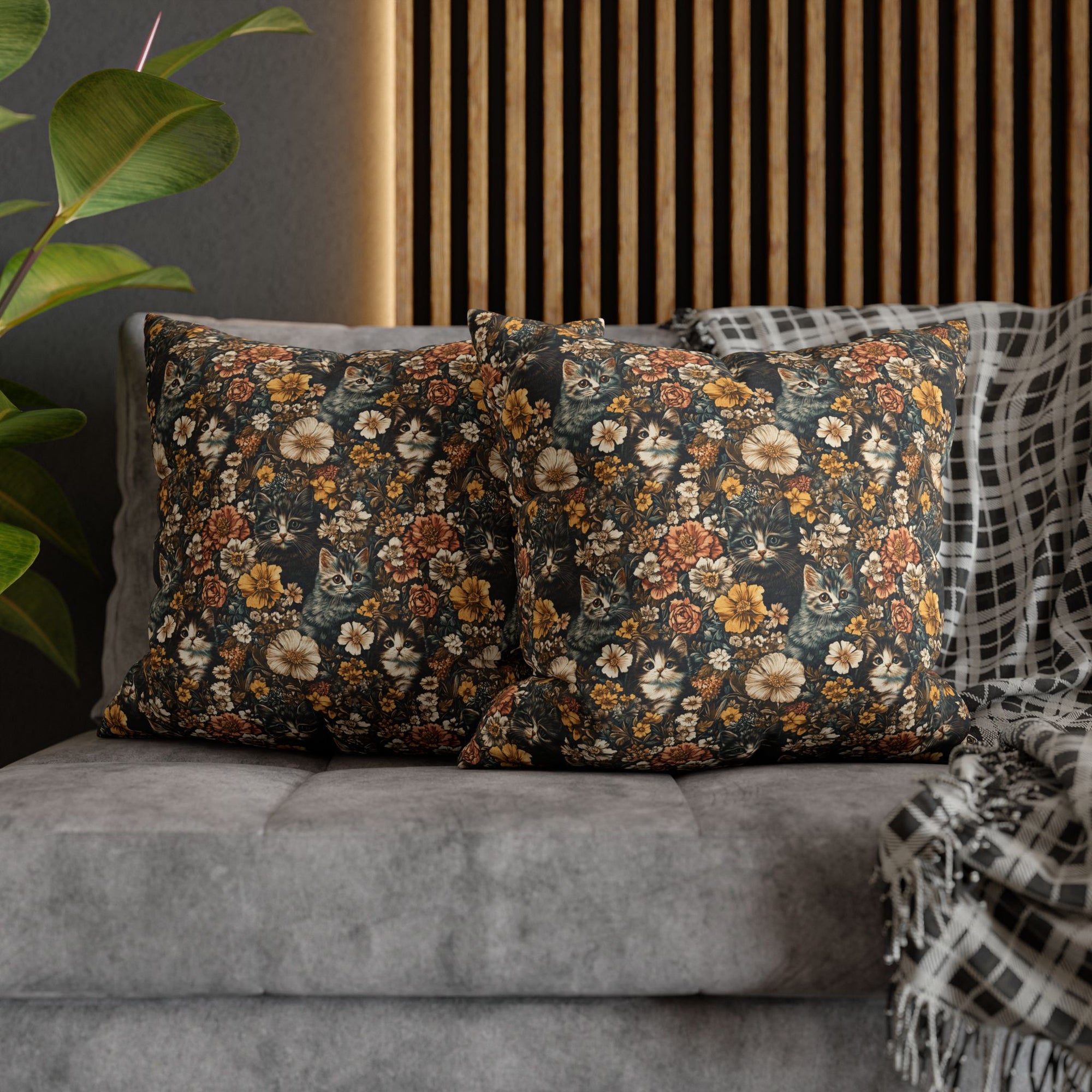 Square Pillowcase - Grey Tabby Kittens Among Yellow and Peach Flowers, Moody Vintage Botanical Illustration