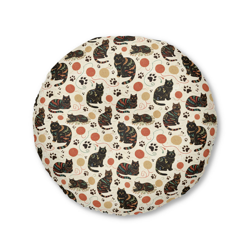Indoor Round Floor Pillow - Intricate tribal patterned black cats, colorful folk art style, playful felines with yarn balls and paw prints, artistic and bohemian cat design, cream background, unique animal print