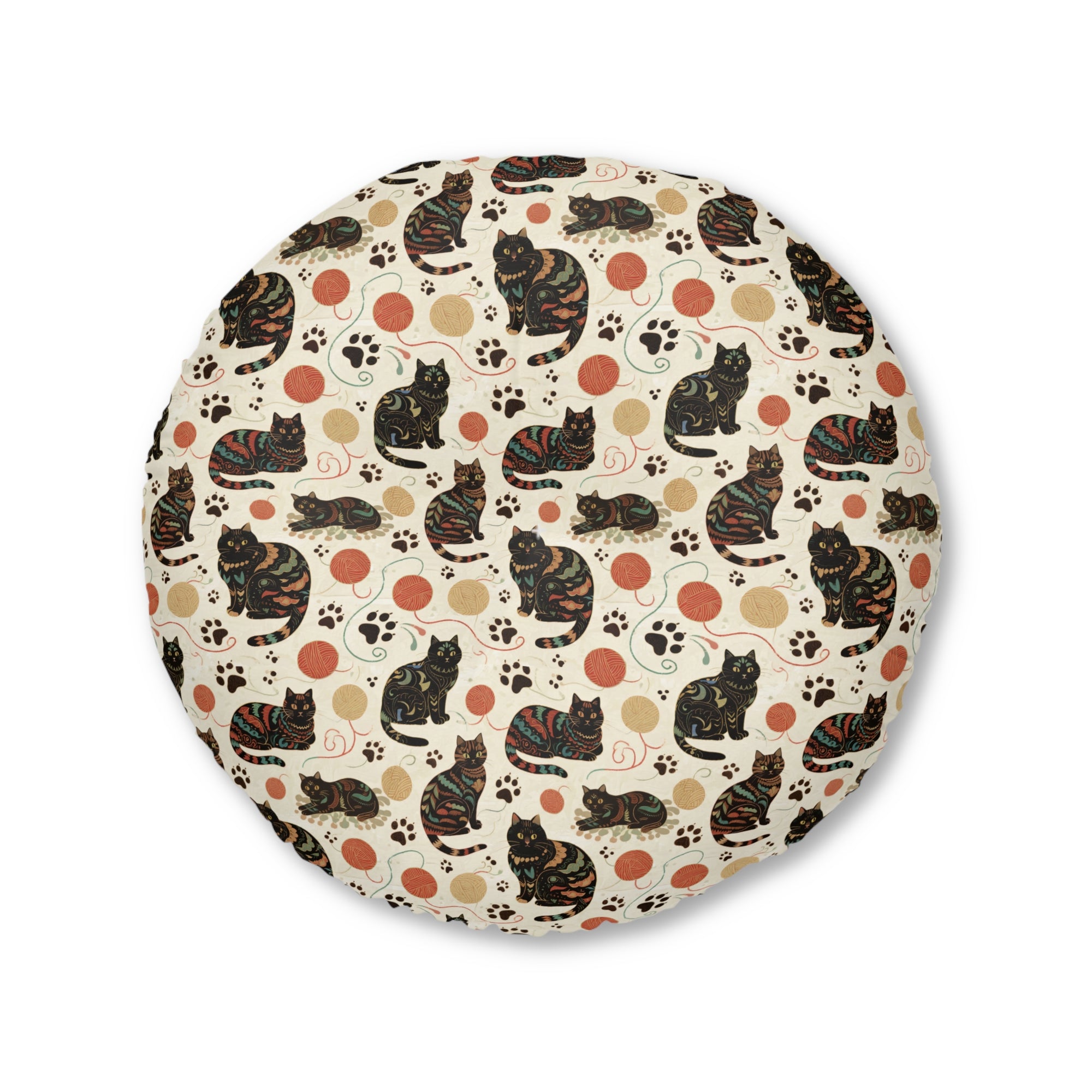 Indoor Round Floor Pillow - Intricate tribal patterned black cats, colorful folk art style, playful felines with yarn balls and paw prints, artistic and bohemian cat design, cream background, unique animal print