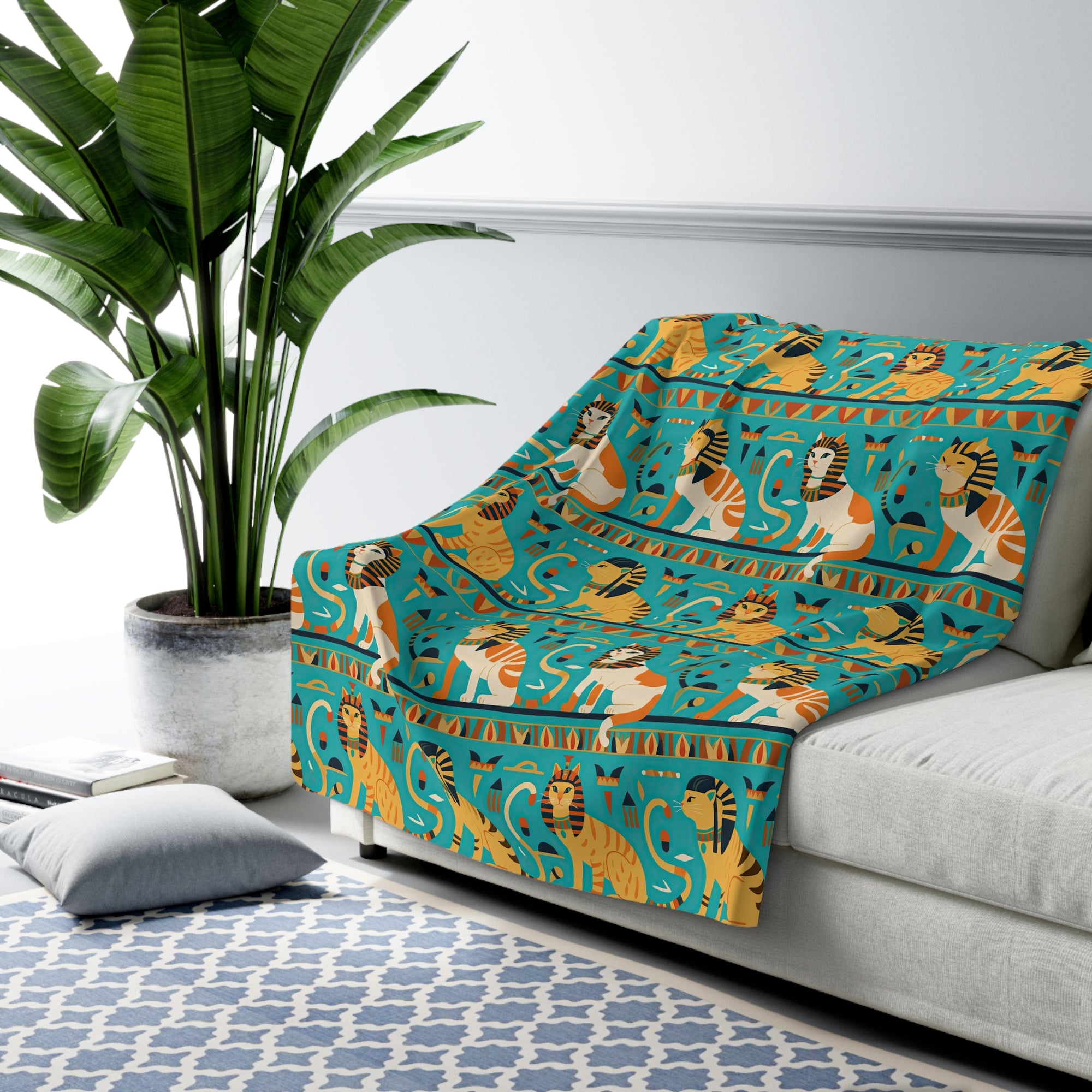 Sherpa Blanket - Horizontal Stripes of Golden Egyptian Cats and Intricate Hieroglyphs Form a Repeating and Historically Themed Border Pattern