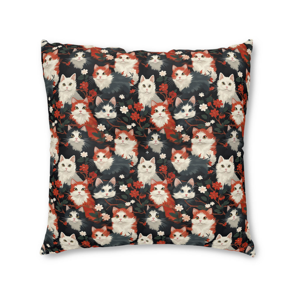Indoor Square Floor Pillow - A detailed and ornate Victorian-style pattern featuring a tight grouping of fluffy cats of various colors surrounded by black and red flowers and leaves.