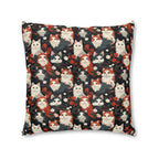Indoor Square Floor Pillow - A detailed and ornate Victorian-style pattern featuring a tight grouping of fluffy cats of various colors surrounded by black and red flowers and leaves.