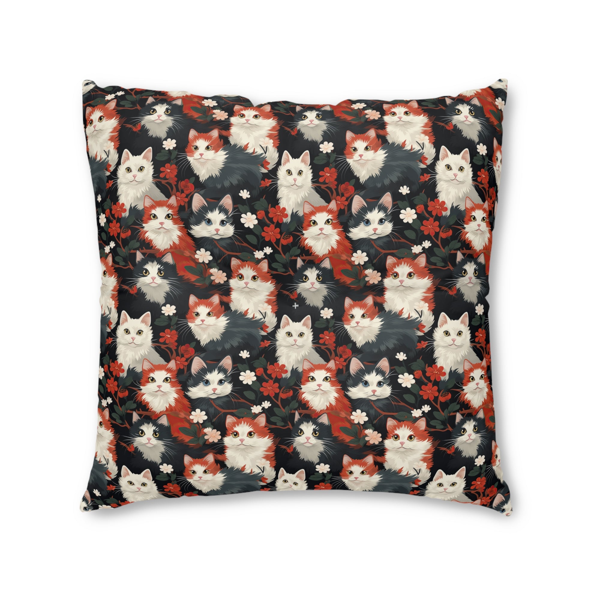 Indoor Square Floor Pillow - A detailed and ornate Victorian-style pattern featuring a tight grouping of fluffy cats of various colors surrounded by black and red flowers and leaves.