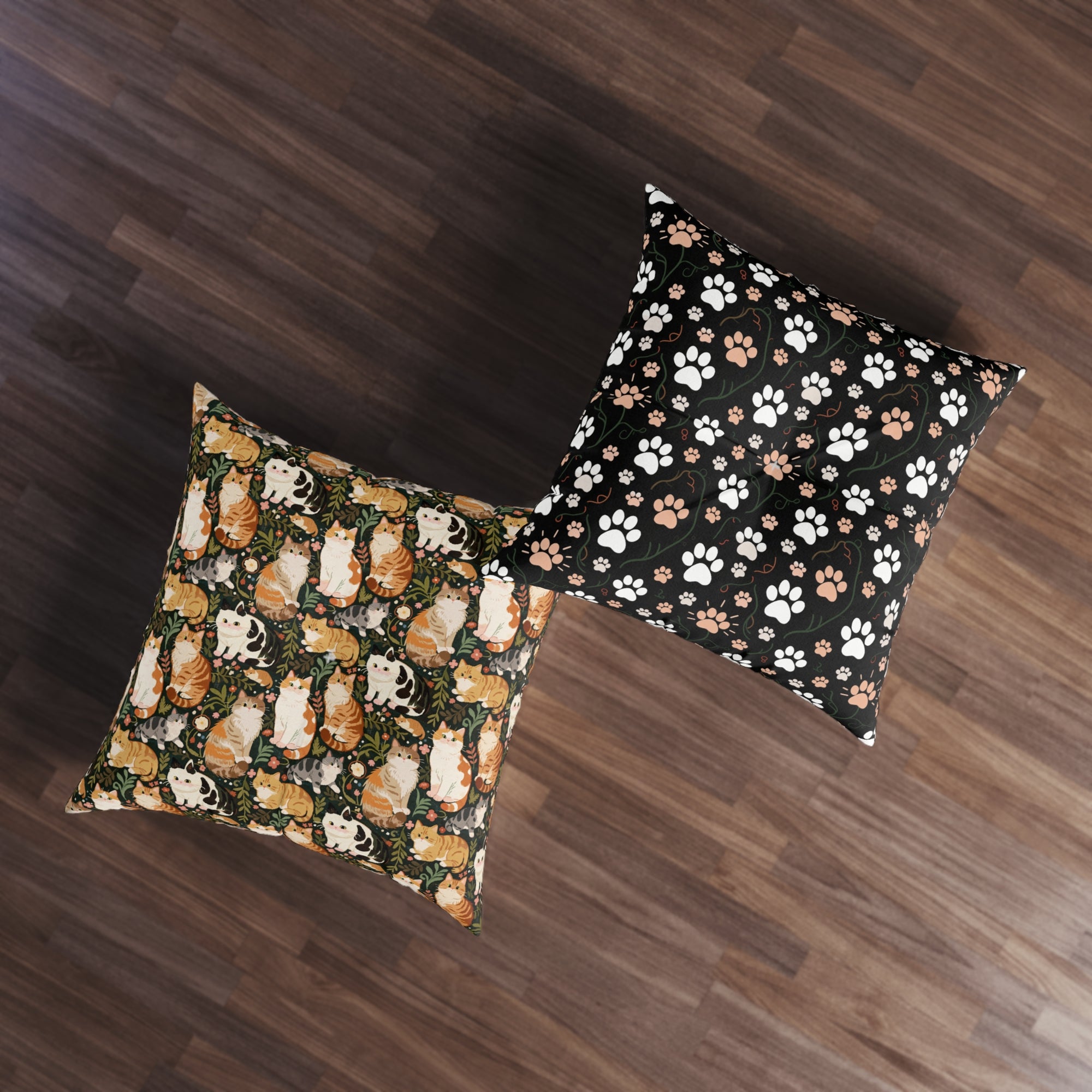 Indoor Square Floor Pillow - Whimsical cat and kitten garden party, various cat breeds amidst green foliage and pink flowers, charming animal illustration, dark forest green background, playful and natural art