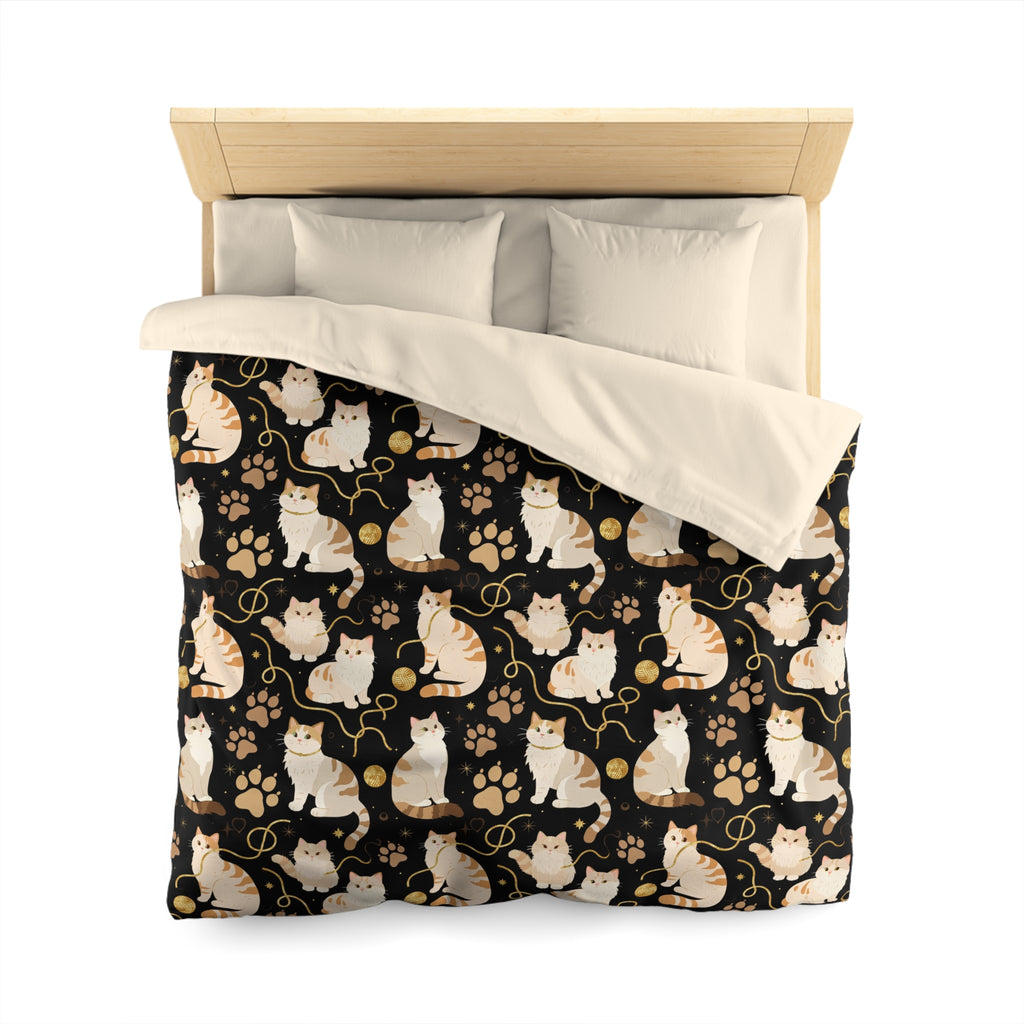 Duvet Cover - Elegant felines and sparkling gold yarn on black, adorable cats with golden paw prints, sophisticated pet motif, charming animal pattern, cozy and warm artistic illustration