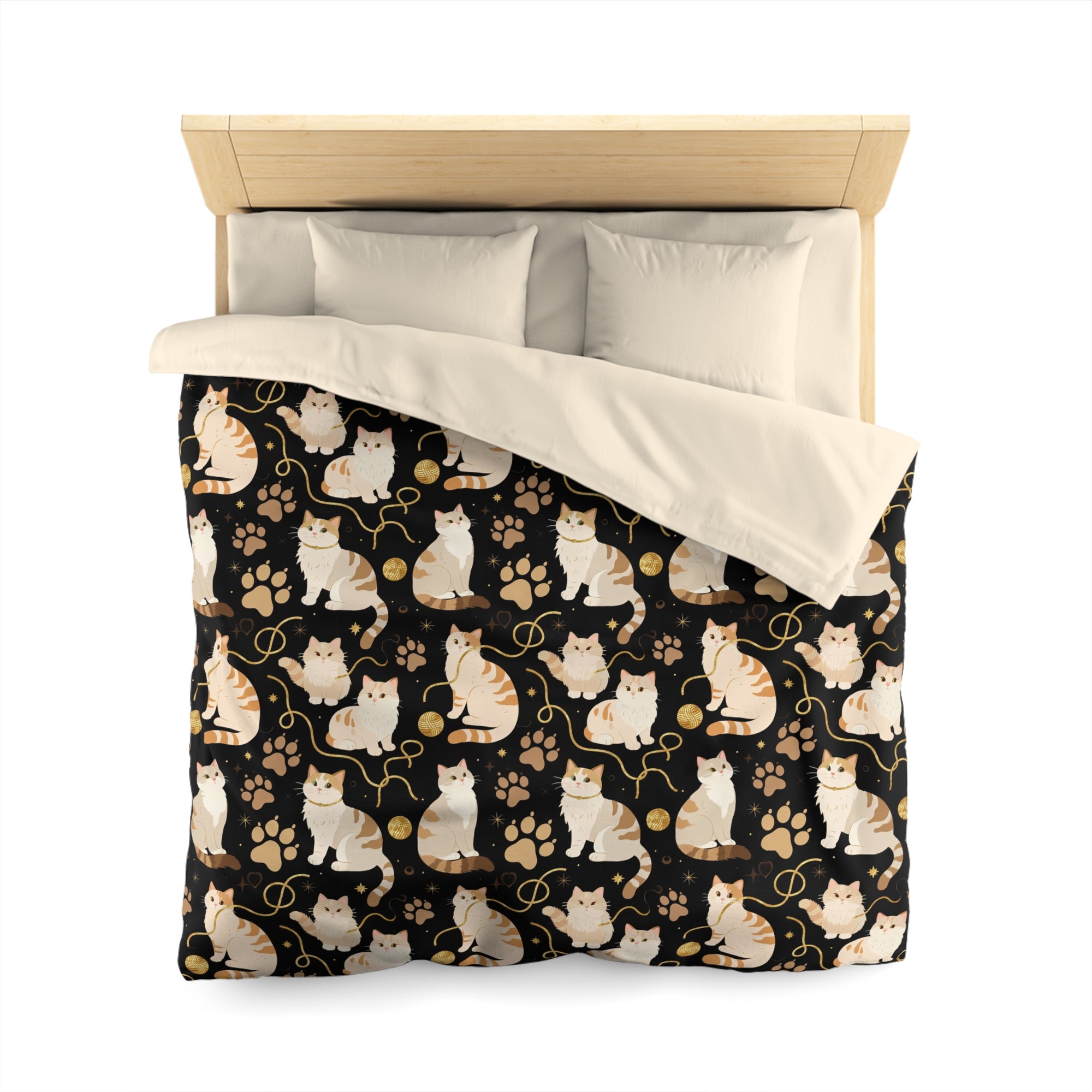 Duvet Cover - Elegant felines and sparkling gold yarn on black, adorable cats with golden paw prints, sophisticated pet motif, charming animal pattern, cozy and warm artistic illustration