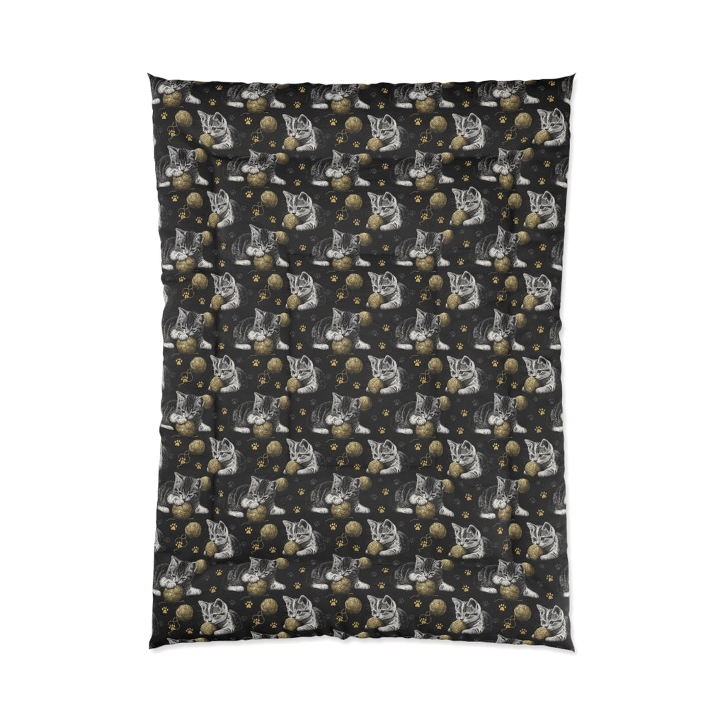 Comforter - Grey and White Kittens Playing with Golden Yarn on a Black Background with Paw Prints