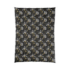 Comforter - Grey and White Kittens Playing with Golden Yarn on a Black Background with Paw Prints