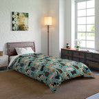 Comforter - A Delightful Assortment of Charming Cats in Diverse Poses and Breeds Scattered Across a Soft Blue Floral Background