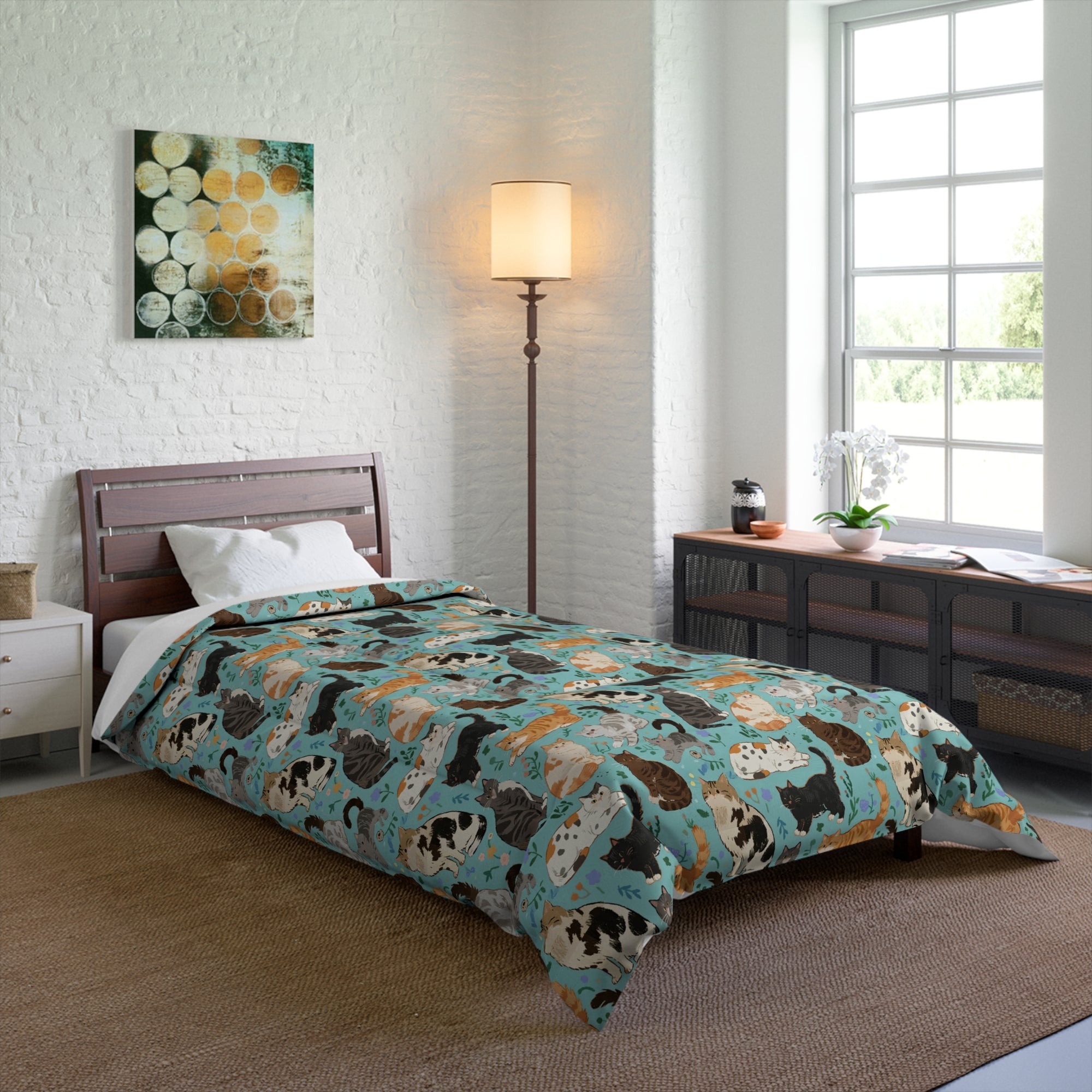 Comforter - A Delightful Assortment of Charming Cats in Diverse Poses and Breeds Scattered Across a Soft Blue Floral Background