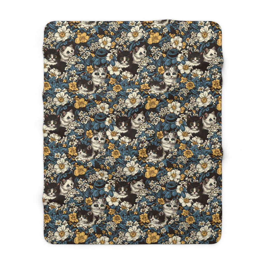 Sherpa Blanket - Black and White Kittens with Yellow and White Flowers, Dark Blue Leaves, Vintage Charm