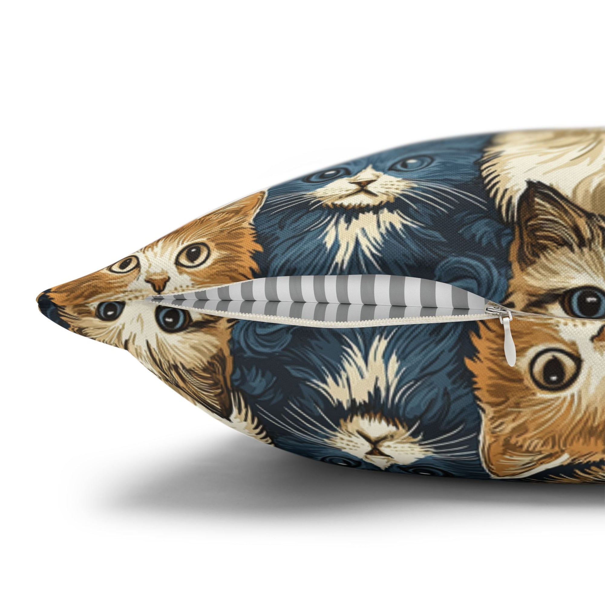 Square Pillowcase - Blue Eyed Cats with Brown and White Fur on a Deep Blue Damask Background