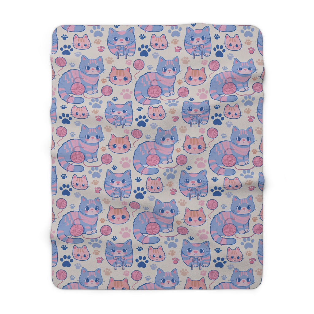Sherpa Blanket - Sweet pastel blue and pink cartoon cats, cute kawaii style kittens with yarn and paw prints, charming and playful animal design, light cream background, delightful pet pattern