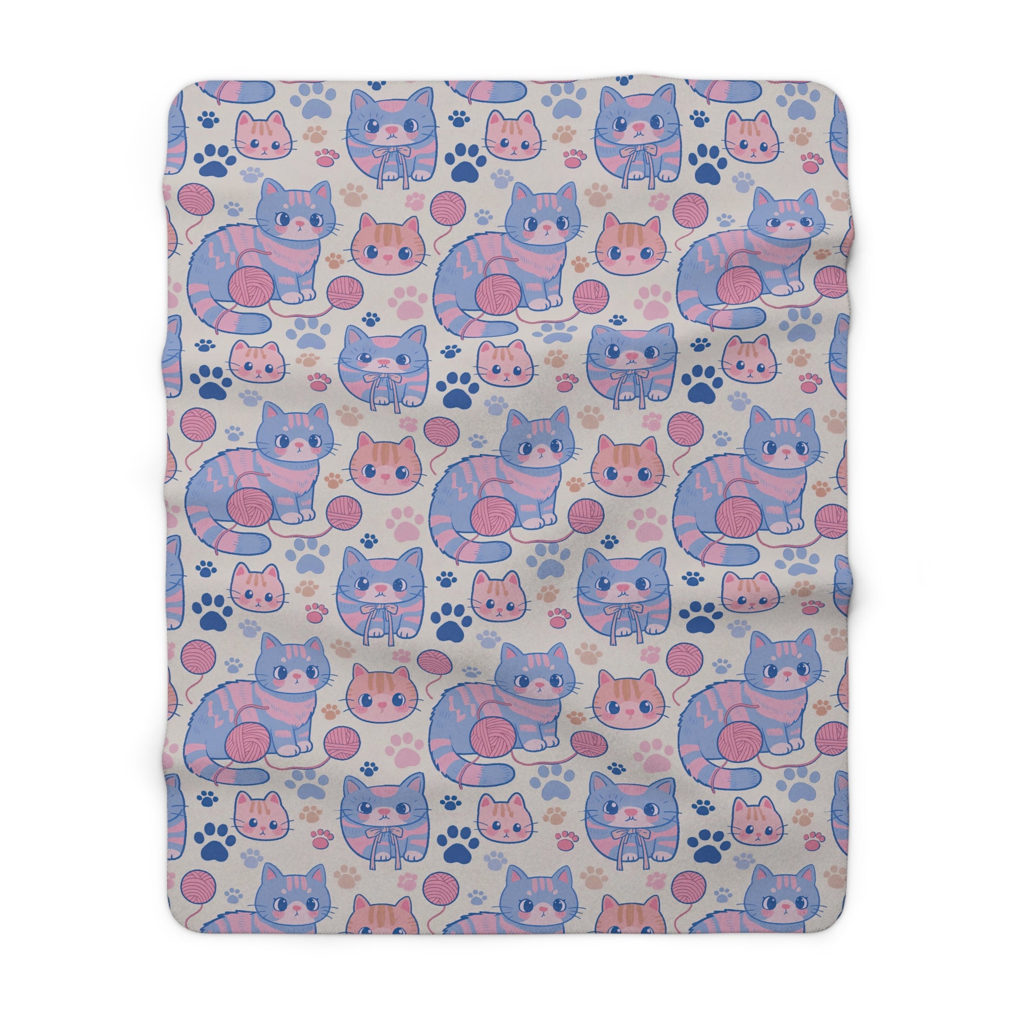 Sherpa Blanket - Sweet pastel blue and pink cartoon cats, cute kawaii style kittens with yarn and paw prints, charming and playful animal design, light cream background, delightful pet pattern