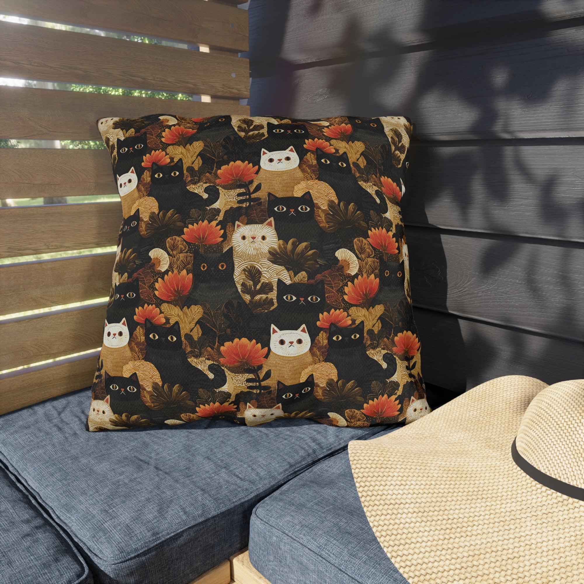 Outdoor Pillow - A dark and fantastical illustrative painting of many different cats and plants, creating a dense, mysterious, and golden jungle or forest scene.