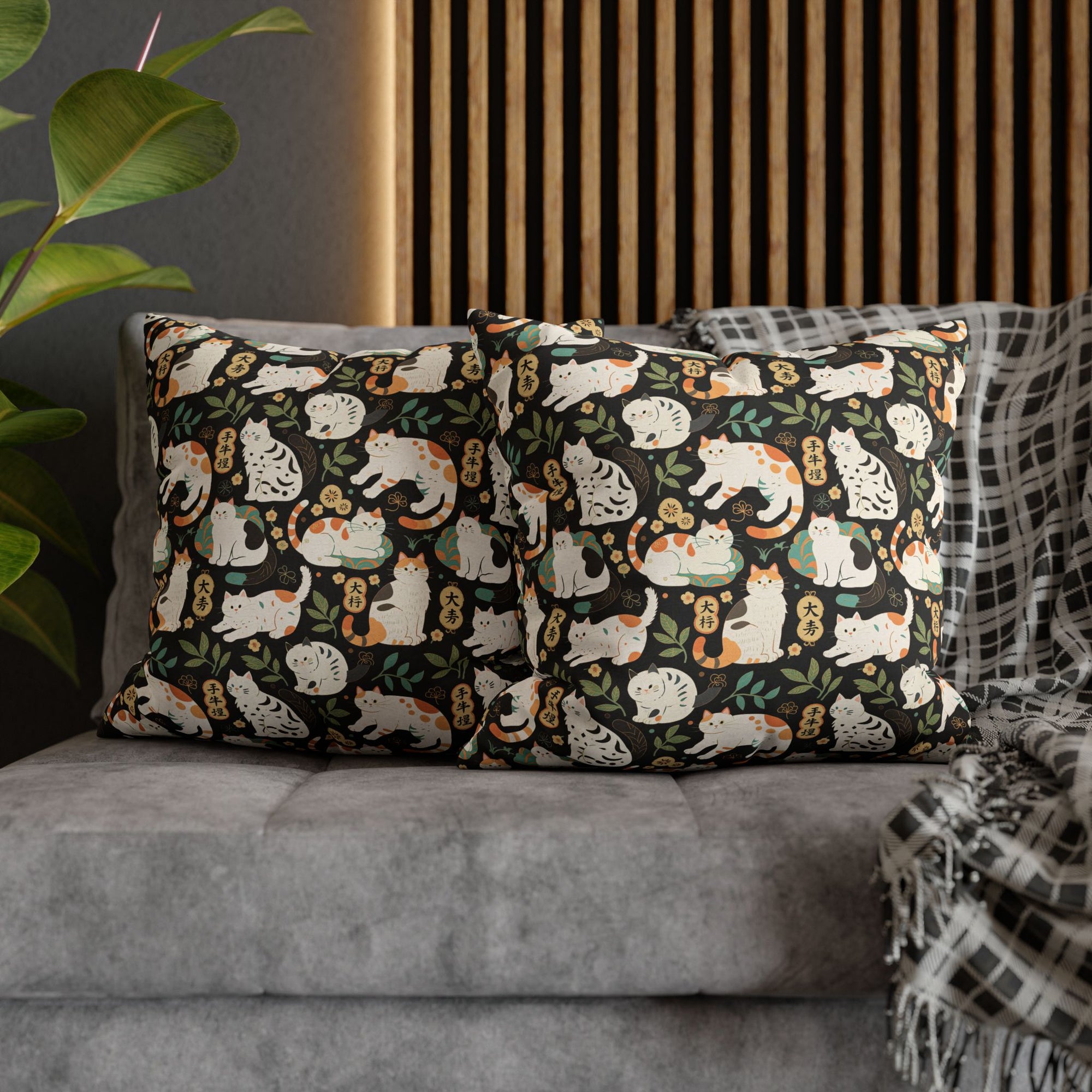 Square Pillowcase - Traditional Japanese Maneki-Neko Cats and Auspicious Symbols Grace a Dark Background in this Fortunate Pattern