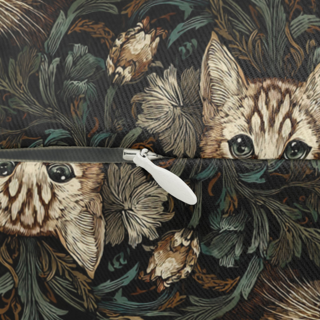 Indoor Lumbar Pillow - Brown Tabby Kittens Among Dark Green and Peach Floral Vines, Moody Vintage Style