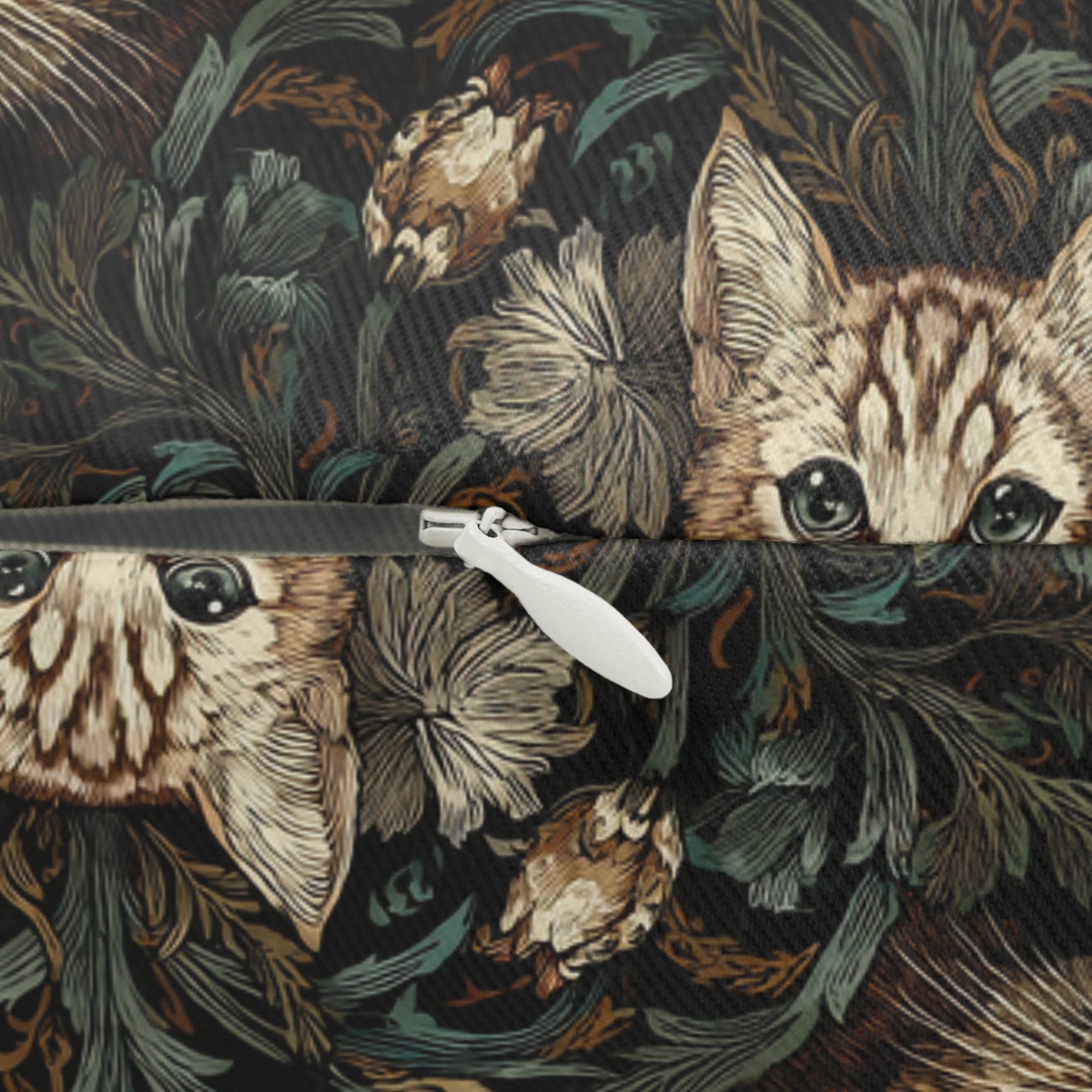 Indoor Lumbar Pillow - Brown Tabby Kittens Among Dark Green and Peach Floral Vines, Moody Vintage Style