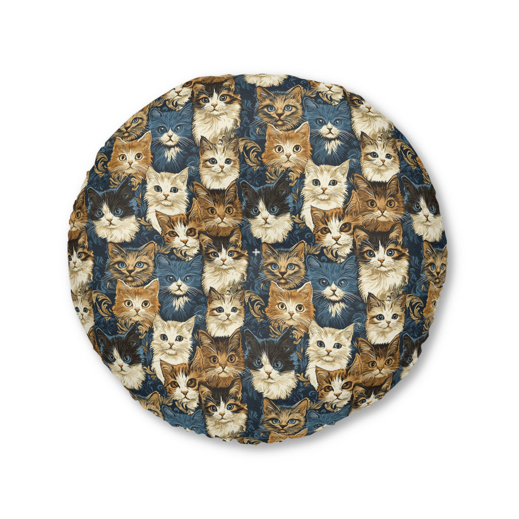 Indoor Round Floor Pillow - Blue Eyed Cats with Brown and White Fur on a Deep Blue Damask Background