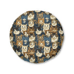 Indoor Round Floor Pillow - Blue Eyed Cats with Brown and White Fur on a Deep Blue Damask Background