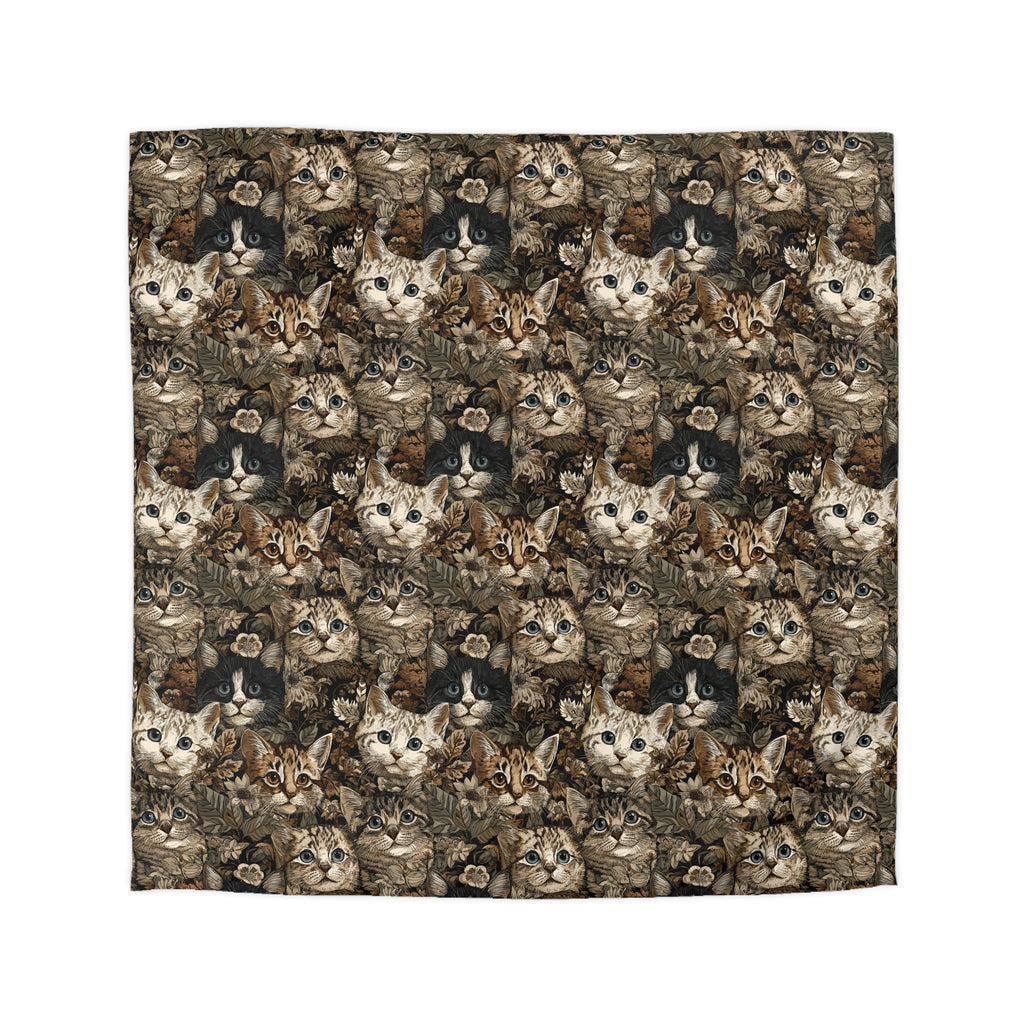 Duvet Cover - An intricate and detailed vintage illustration featuring a close-up of various fluffy cats with bright eyes amidst lush, ornate floral foliage in sepia tones.