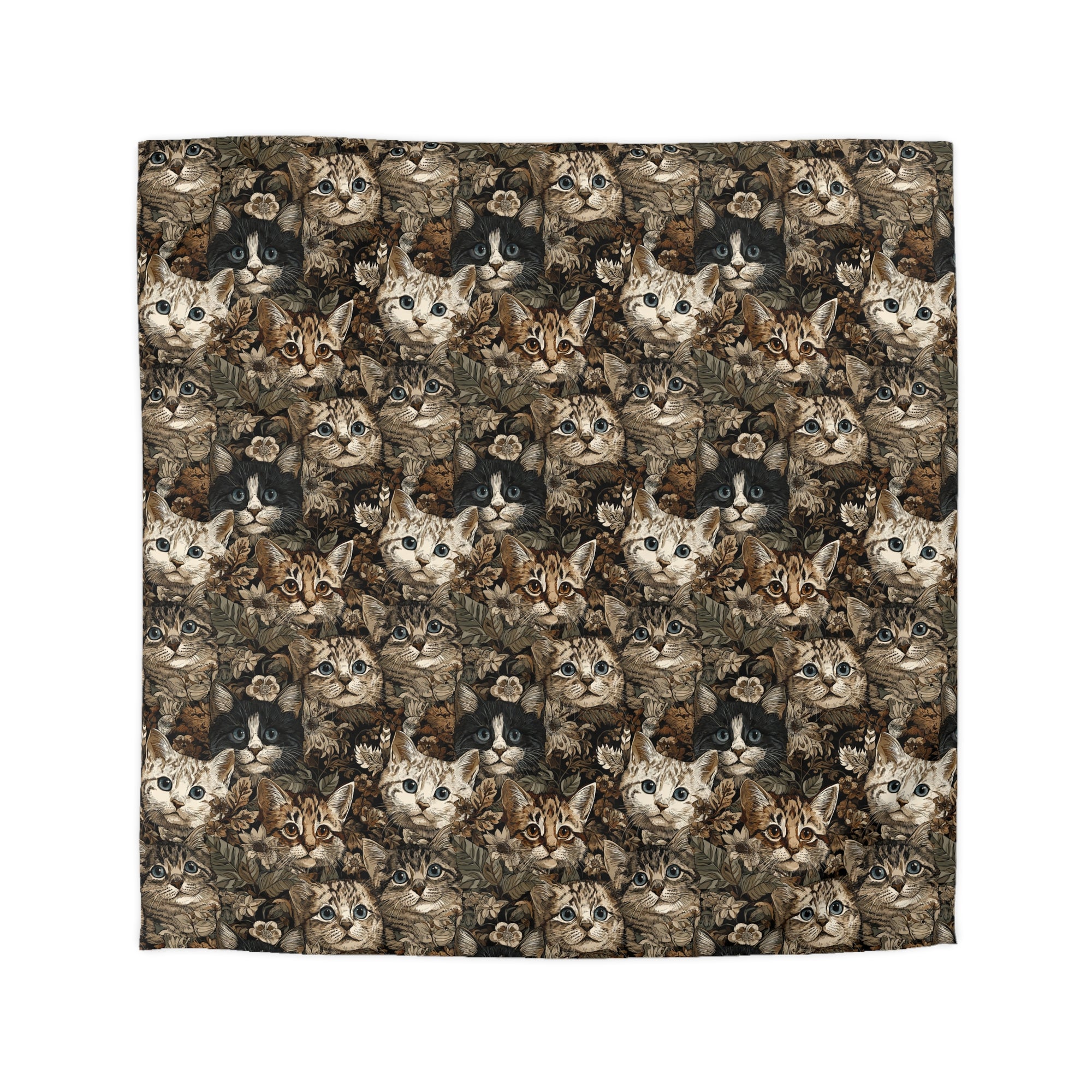 Duvet Cover - An intricate and detailed vintage illustration featuring a close-up of various fluffy cats with bright eyes amidst lush, ornate floral foliage in sepia tones.
