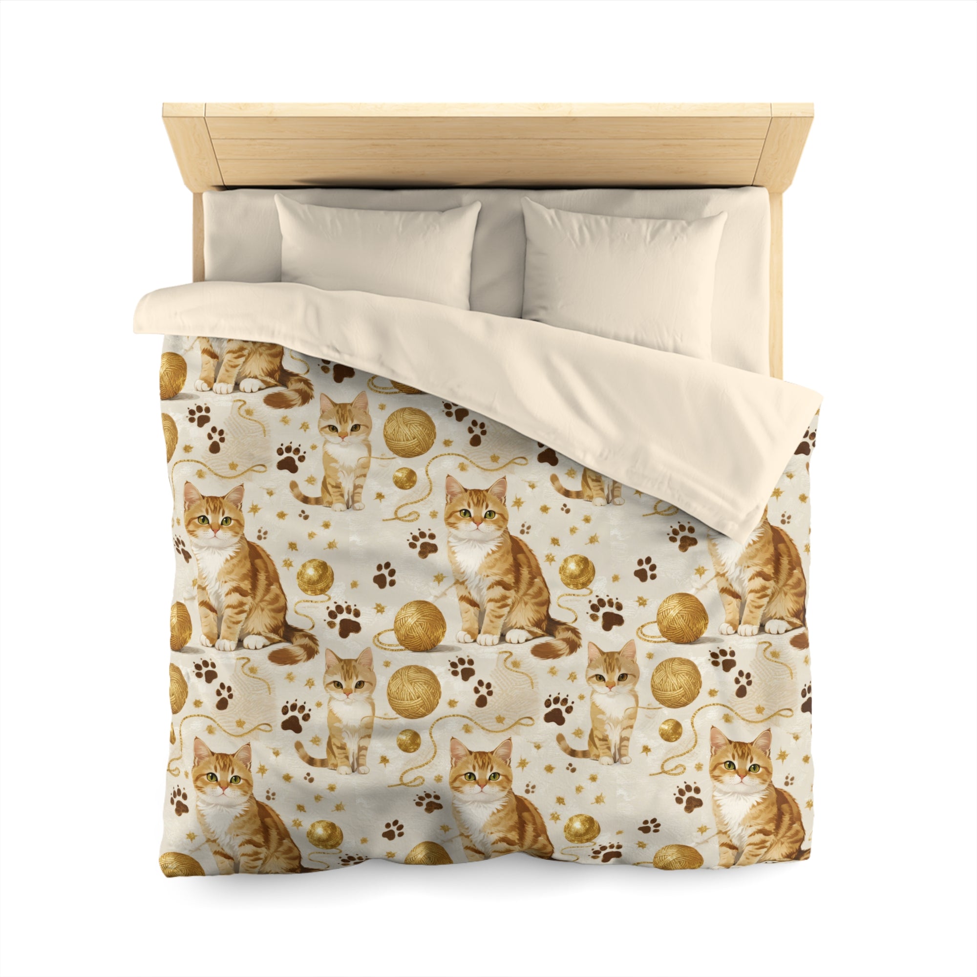 Duvet Cover - Adorable ginger cat with bright green eyes, sparkling gold yarn and paw prints, classic tabby cat illustration, cream background, cute and charming pet themed art