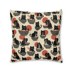Indoor Square Floor Pillow - A whimsical and delightful hand-drawn style pattern of adorable black cats eating bowls of delicious ramen noodles with a large red sun in the background.