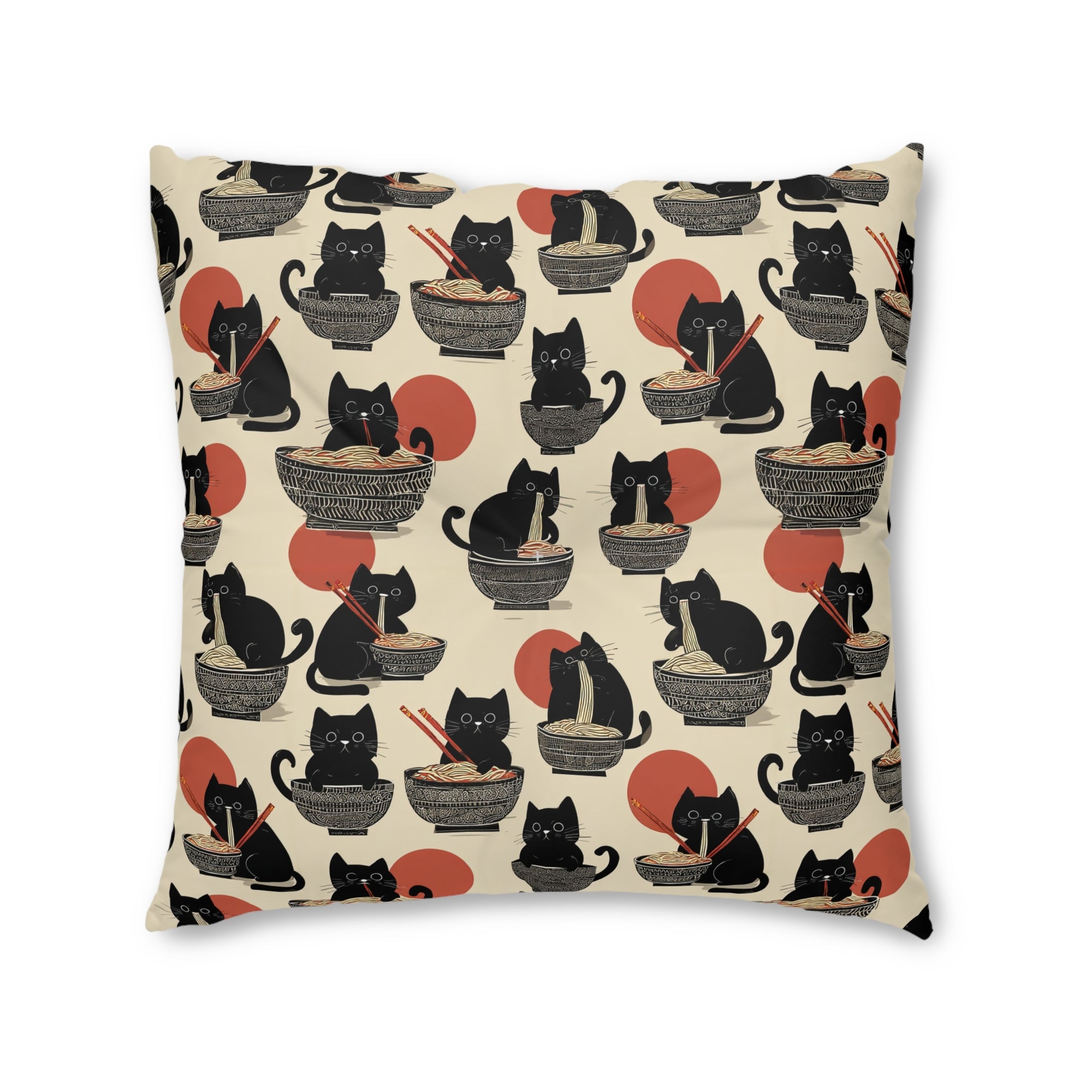 Indoor Square Floor Pillow - A whimsical and delightful hand-drawn style pattern of adorable black cats eating bowls of delicious ramen noodles with a large red sun in the background.