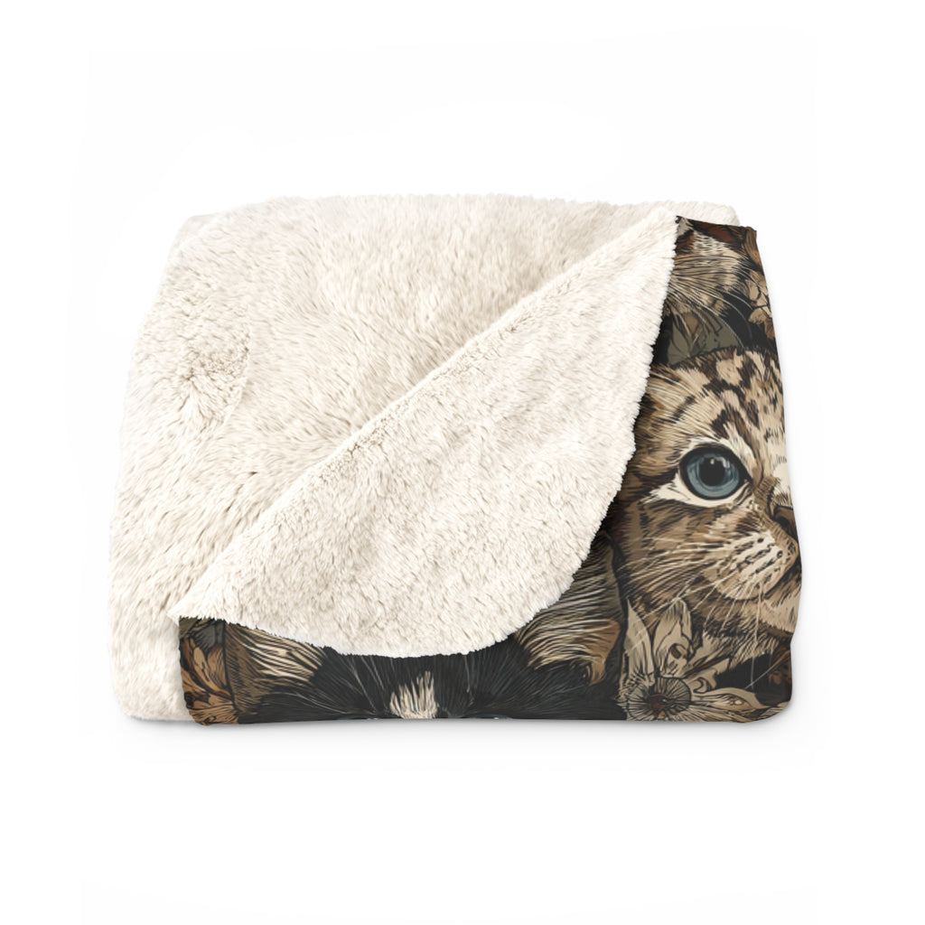 Sherpa Blanket - An intricate and detailed vintage illustration featuring a close-up of various fluffy cats with bright eyes amidst lush, ornate floral foliage in sepia tones.
