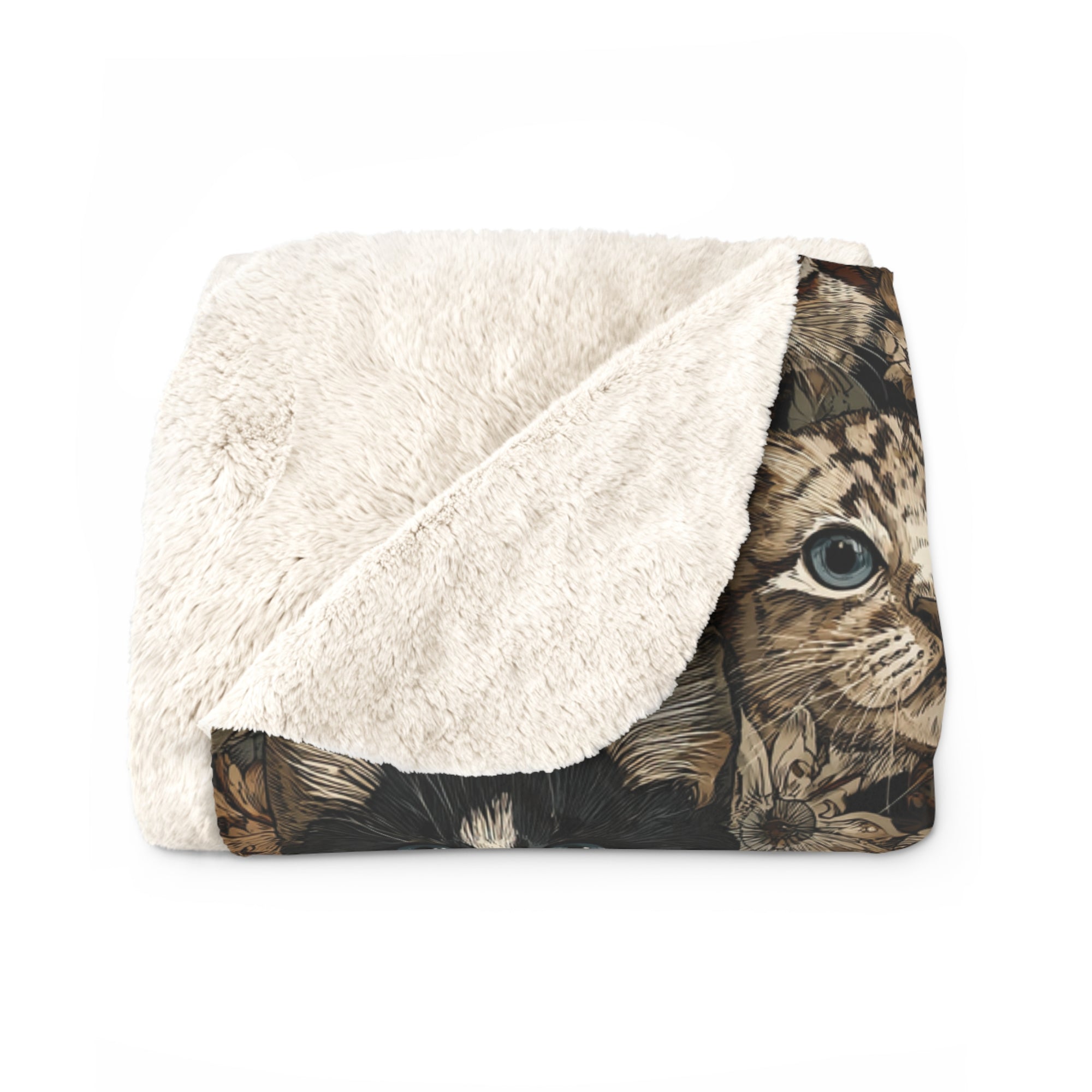 Sherpa Blanket - An intricate and detailed vintage illustration featuring a close-up of various fluffy cats with bright eyes amidst lush, ornate floral foliage in sepia tones.