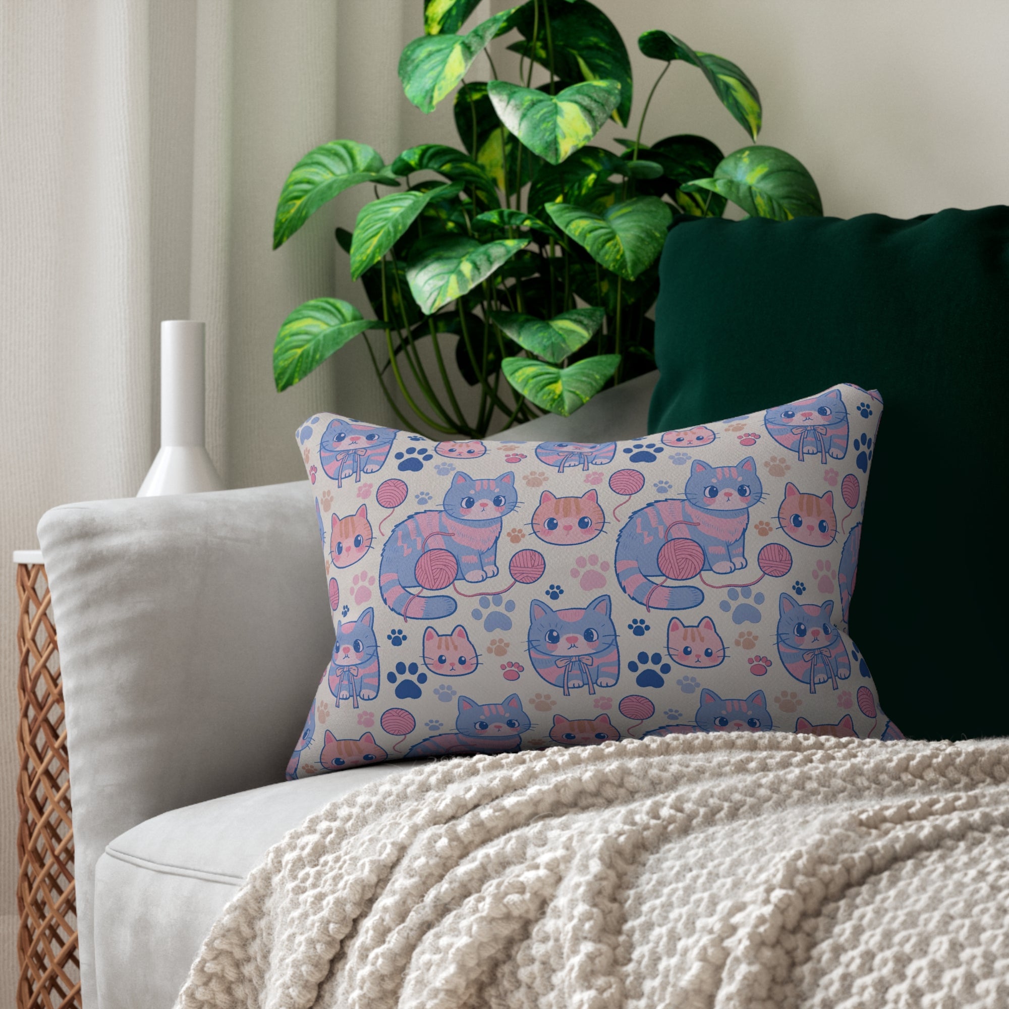 Indoor Lumbar Pillow - Sweet pastel blue and pink cartoon cats, cute kawaii style kittens with yarn and paw prints, charming and playful animal design, light cream background, delightful pet pattern