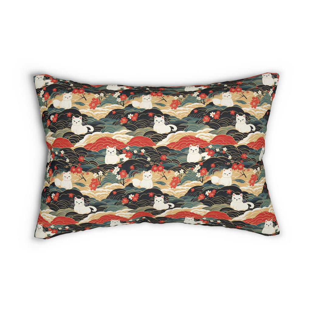 Indoor Lumbar Pillow - A beautiful, Japanese-inspired illustration of tranquil white cats resting on rolling clouds with vibrant red and white cherry blossoms.