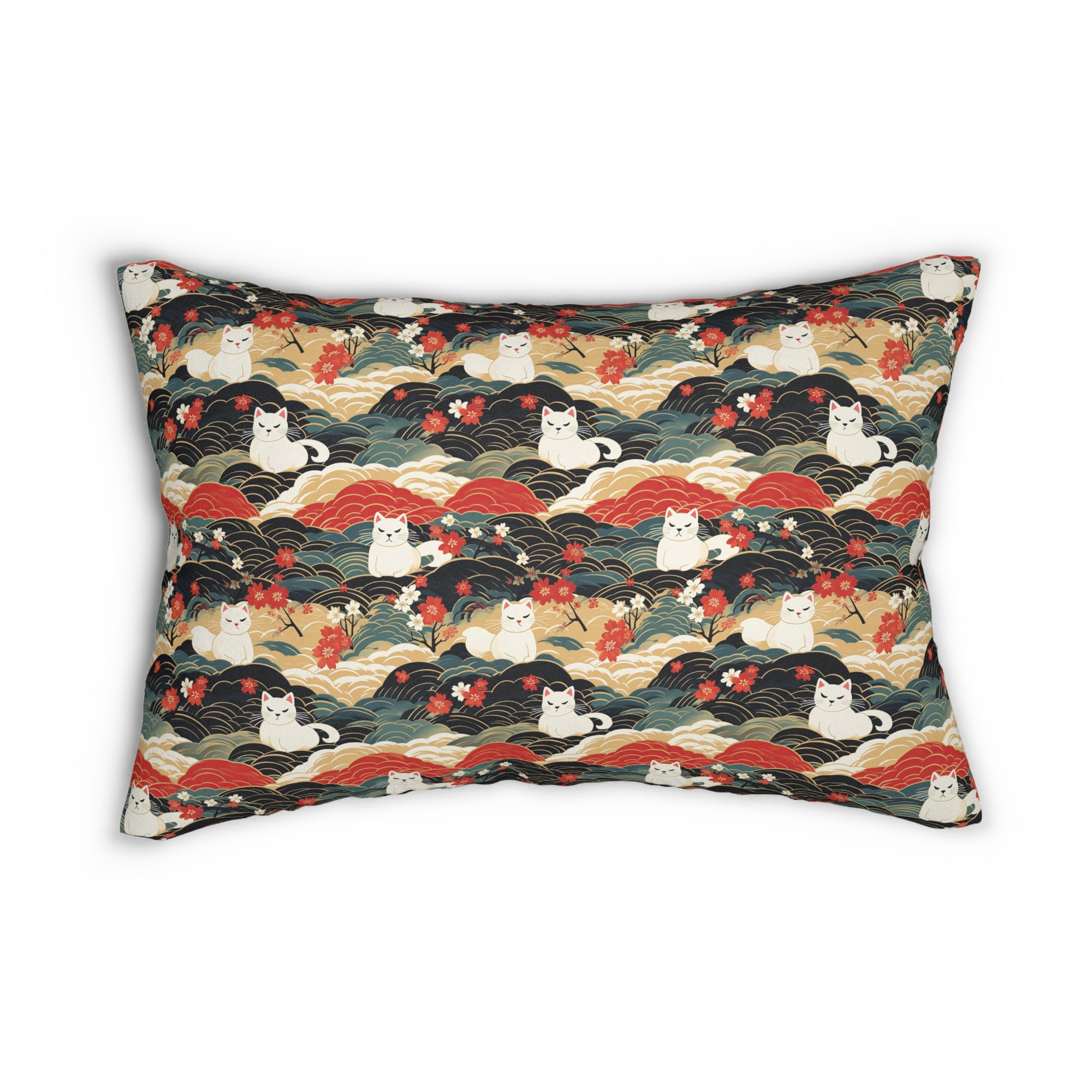 Indoor Lumbar Pillow - A beautiful, Japanese-inspired illustration of tranquil white cats resting on rolling clouds with vibrant red and white cherry blossoms.